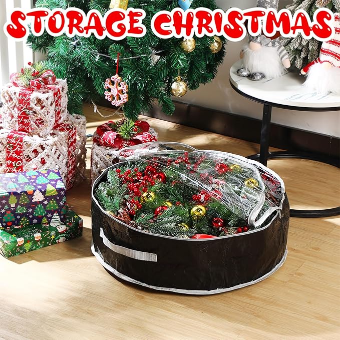 Aliceset 4 Pack Wreath Storage Containers, Ornament Garland Wreath Storage Bags with Handle Zipper Decorative Storages Box for Winter Valentine Wreaths(24 x 24 x 7.8 Inch,Black)