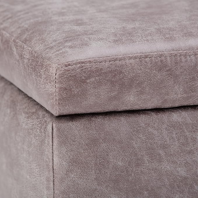 SIMPLIHOME Owen Coffee Table Storage Ottoman - 34" Wide x 19" High Upholstered Vegan Leather Rectangular Lift-Top Ottoman in Distressed Grey Taupe, Mid-Century Modern Bench with Tapered Legs