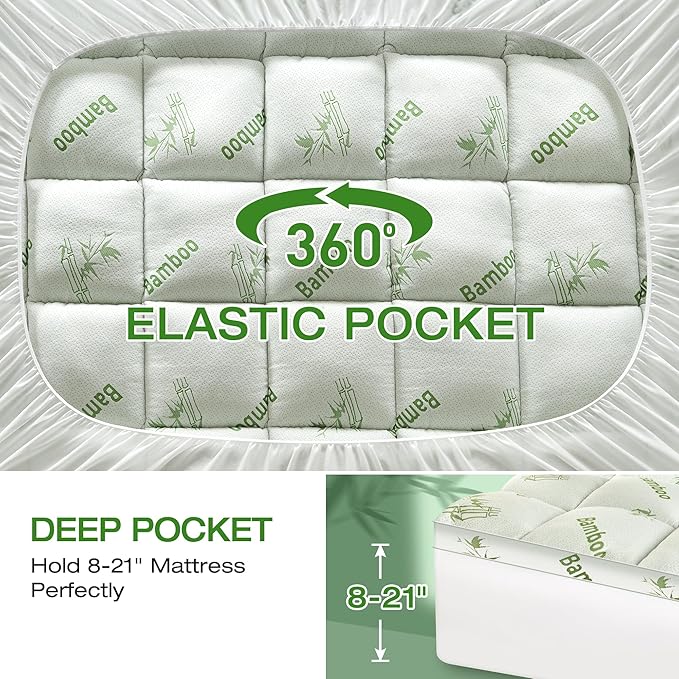 Mattress Topper Full Size Viscose Derived from Bamboo, Thick Soft Pillow Top Mattress Pad Cover for Back Pain, Mattress Protector with 8-21 Inch Deep Pocket, White