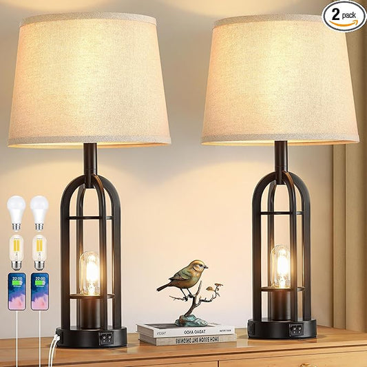 SRJJA Black Table Lamps for Living Room Set of 2 - Farmhouse Lamps for Night Stands with USB A+C, Bedside Lamps for Bedroom, 24'' Industrial Lamp for Living Room End Tables