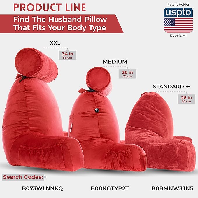 Husband Pillow Medium Reading Pillow with Arms - 23" Backrest for Sitting Up in Bed - Firm Support Bed Rest Pillow for Adults, Neck Roll, Removable Cover - TV, Reading, Lounging - Red