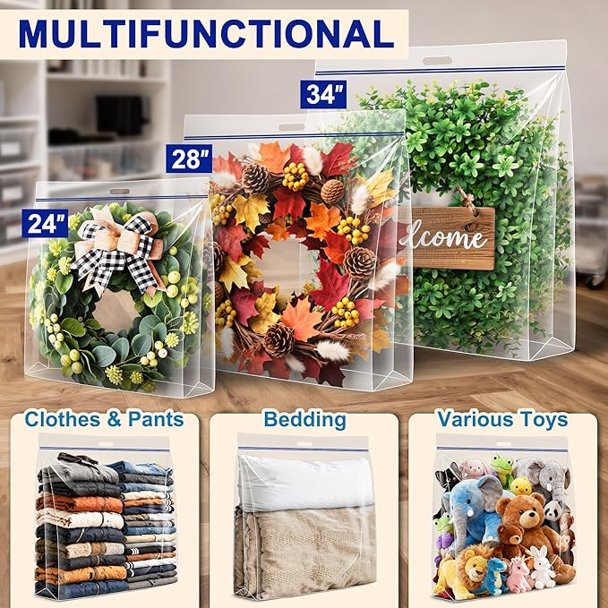Extra Large Clear Wreath Storage Plastic Bag with Handle For Halloween Summer Christmas Decoration or Clothing Blanket Comforters Bed Sheets Pillows, 4 Pack, 28"x28"x7"