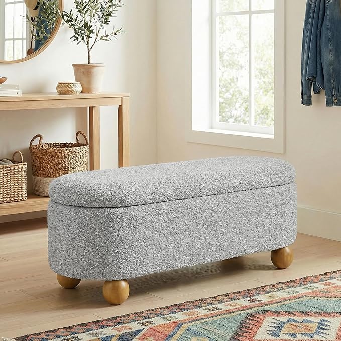 VKNOW 44.8" Storage Ottoman Bench End of Bed Bench, Thickened Upholstered Blanket Chest for Living Room, Entryway Bench with Cute Spherical Solid Wood Stool Legs for Bedroom, Grey