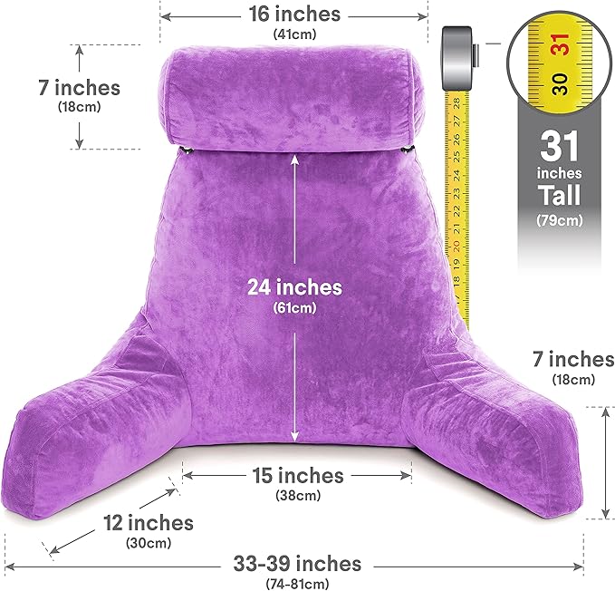 Husband Pillow XXL The Original for Adults - 30" Tall Backrest for Sitting Up in Bed - Firm Support Reading, Bed Rest Pillow for Adults, Neck Roll, Removable Cover - TV - Light Purple