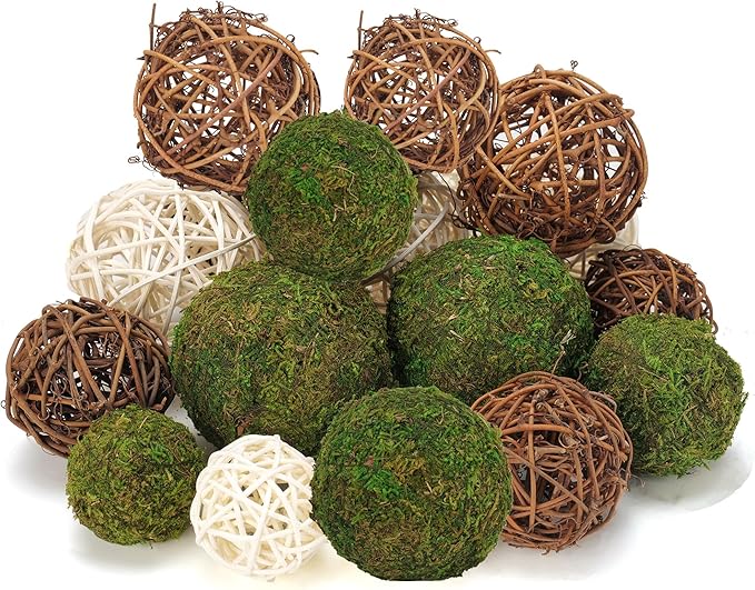 USMOLA 18Pcs Decorative Balls for Centerpiece Bowl - 6Pcs Fake Moss Balls + 12Pcs Rattan Wicker Balls, Artificial Moss Decorative Balls Vase Fillers for Home Garden Wedding Party Decor (Rustic)