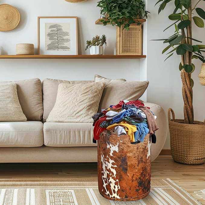 Vintage Brown Cow Skin Laundry Basket Foldable Funny Animal Print Laundry Hamper With Handle Oxford Cloth Portable Clothes Storage Basket Laundry Bag 18.9"x16.5" For Laundry Room/Bedroom/Bathrooms