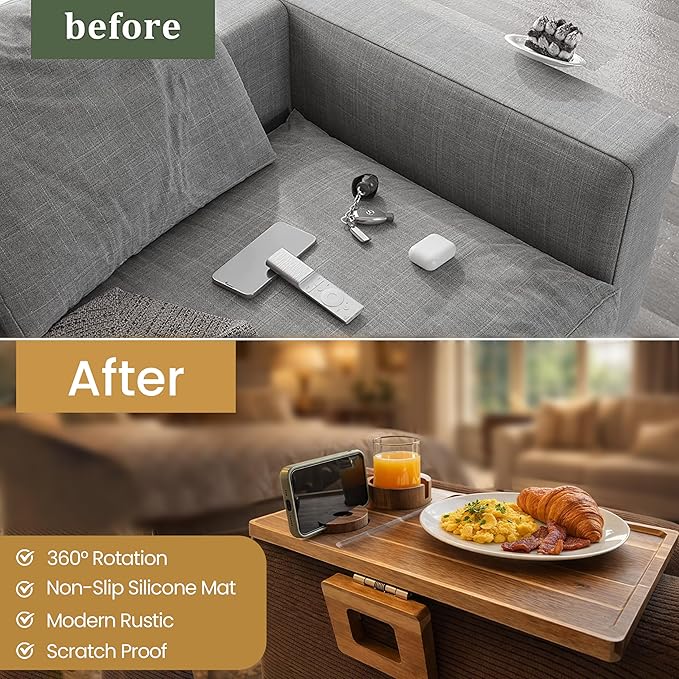 Acacia Wood Sofa Armrest Tray Table with Cup Holder & Phone Stand – 3-in-1 Clip-On Couch Arm Tray Table, Rotating Drink & Phone Holder for Couch, Sofa & Living Room