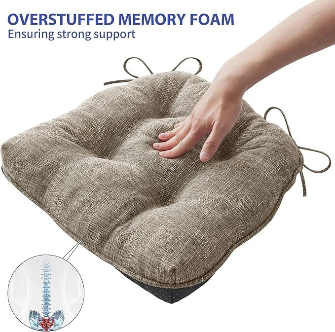 IPYNBAP Chair Cushions for Dining Chairs Set of 4, Kitchen Chair Cushions, Chair Pads with Ties and Non Slip Backing, Tufted Memory Foam Seat Cushion 4 Pack, 15.5" x 15.5" x 4", Khaki
