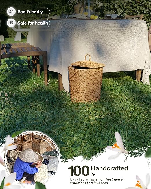 BLUEWEST 2.6 Gallon Wicker Trash Can with Lid, Handwoven Rattan Trash Can, Woven Decorative Wastebasket, Wicker Waste Basket with Removable Plastic Inner Bin for Bathroom, Bedroom, Office, or Kitchen