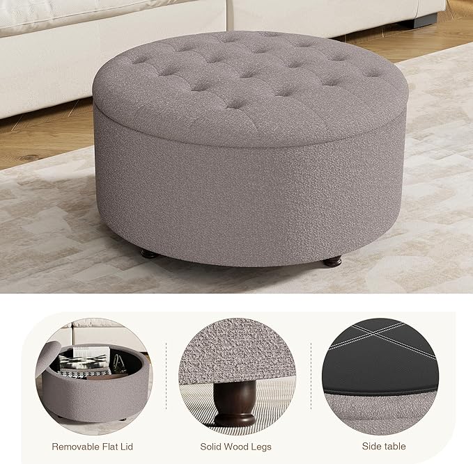 30 Inch Round Storage Ottoman,Modern Tufted Ottomans,Circular Coffee Table with Removable Top,Upholstered Large Ottoman with Storage Footrest Stool for Bedroom Living Room (Teddy Brown)