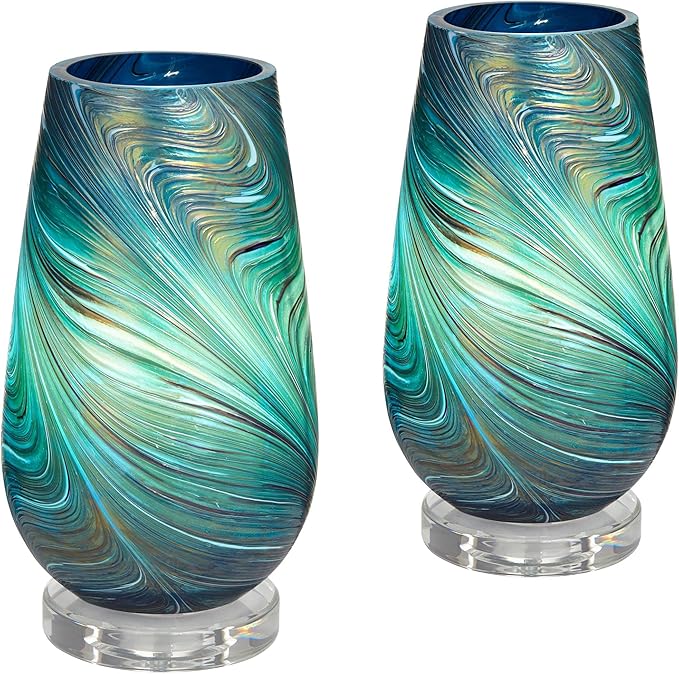 360 Lighting Carmen Modern Accent Table Lamps 12 1/2" High Set of 2 Green Clear Crystal Swirl Art Glass Shade for Bedroom Living Room Nightstand Bedside Night Stand Office Kids Room