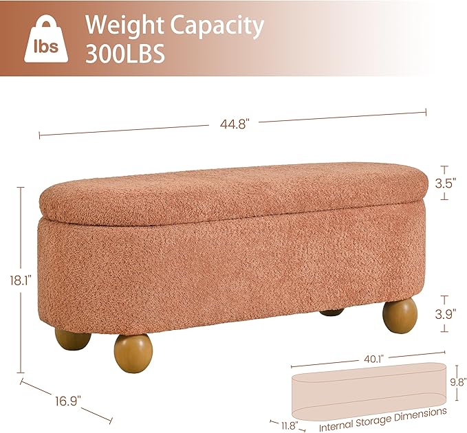VKNOW 44.8" Storage Ottoman Bench End of Bed Bench, Thickened Upholstered Blanket Chest for Living Room, Entryway Bench with Cute Spherical Solid Wood Stool Legs for Bedroom, Orange