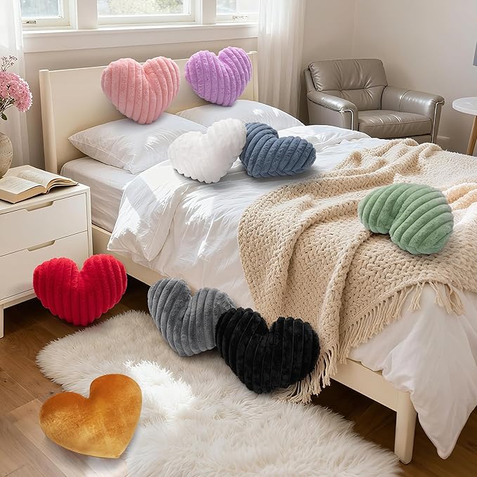 16 Inch White Heart Pillow Cute Decorative Throw Pillows, Heart Shaped Soft Fluffy Faux Fur Pillows Cushions for Couch Chair Bed Bedroom Room Home Decor Aesthetic (1, White, Medium-16 x13)