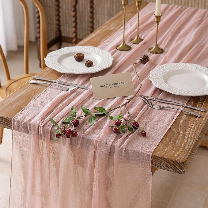 Keketoarrange Dusty Pink Easter Table Runner Cheesecloth Gauze Rustic 120 Inch 10 FT for Wedding Baby Shower Bridal Shower Birthday Engagement Garden Party Long Sheer Boho Spring Home Decorations