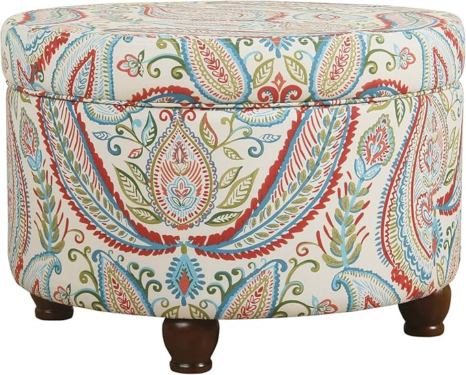 Homepop Home Decor | Upholstered Round Storage Ottoman | Ottoman with Storage for Living Room & Bedroom, Bold Paisley
