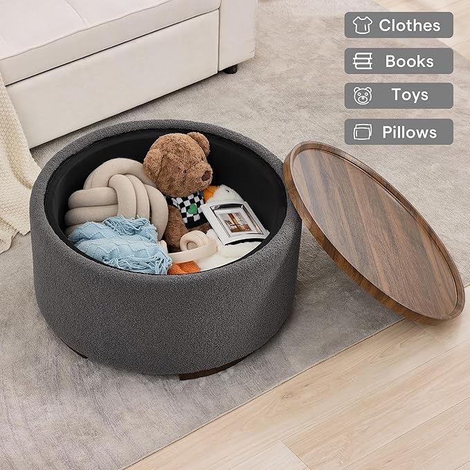 29.5 Inch Round Storage Ottoman Coffee Table,Modern Circle Coffee Table with Storage with Removable Lid Top and Solid Wood Legs,Large Round Ottoman for Bedroom,Living Room,Teddy Fleece,Grey