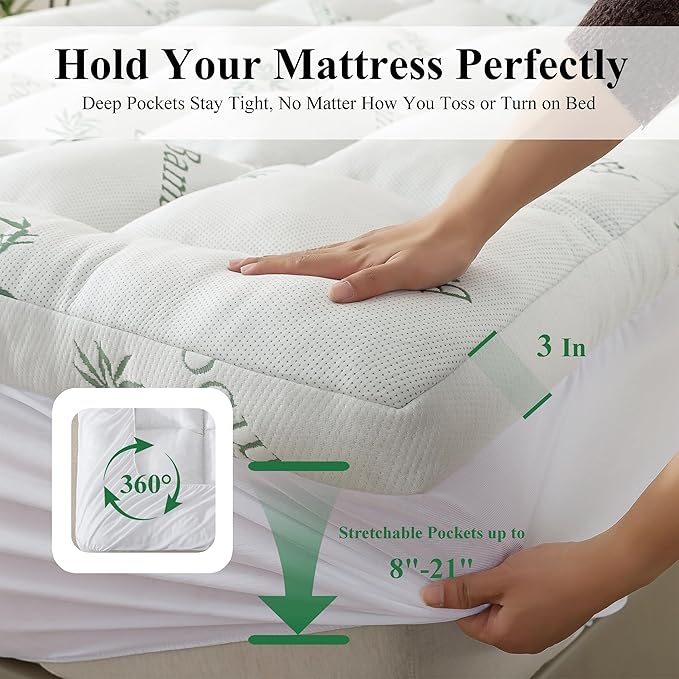 ELNIDO QUEEN® 3 Inch Memory Foam Mattress Topper Queen Size - Cooling Breathable Bamboo Viscose Pillow Top for Hot Sleepers, 1700 GSM Fill, Ultra Soft Mattress Pad for Back Pain Relief, 3"x60"x80"