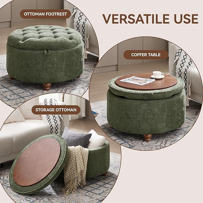 WUTUTUEE 30Inch Round Storage Ottoman with Tray, Modern Tufted Circle Coffee Table with Storage, Upholstered Ottoman with Removable Top for Living Room, Bedroom, Chenille Green