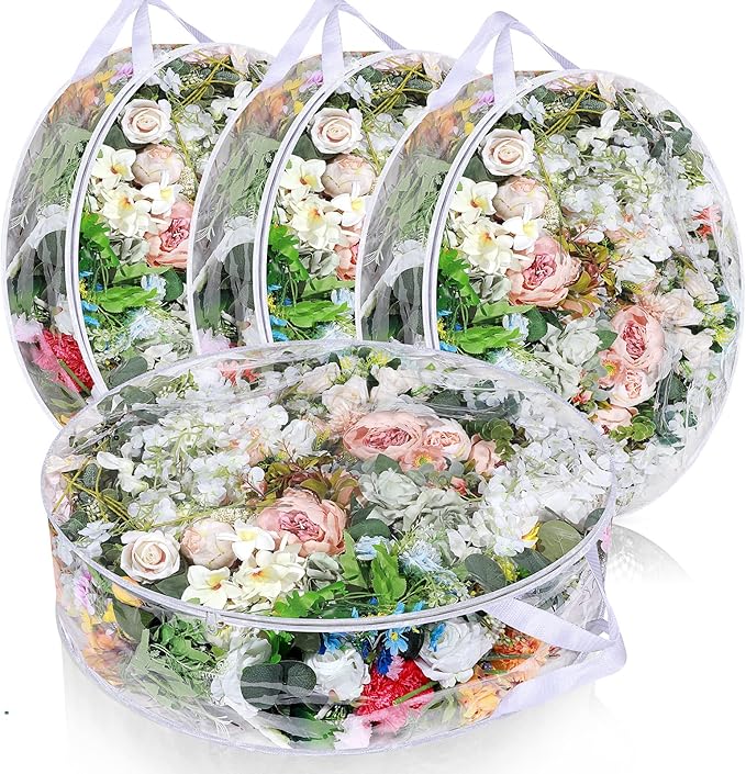 Remagr 4 Pieces 30 Inch Wreath Storage Bag Christmas Plastic Clear Storage Container Bags, Wreath Bag Zippered Package Weddings Holiday Artificial Wreaths Package(Transparent)