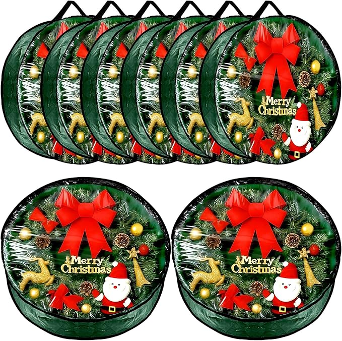 Dunzy 8 Pieces Wreath Container Christmas Wreath Storage Bag Garland Tear Resistant Fabric Round Boxes with Clear Window for Storage for Xmas Holiday Ornament(30×30×7.8 Inch,Green)