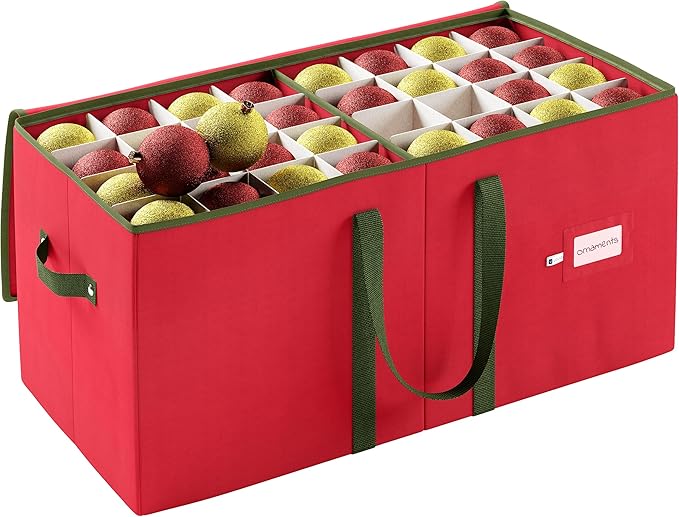 Christmas Ornament Storage Box - Red, Fits 128 Ornaments - Organizer With Dividers & Handles