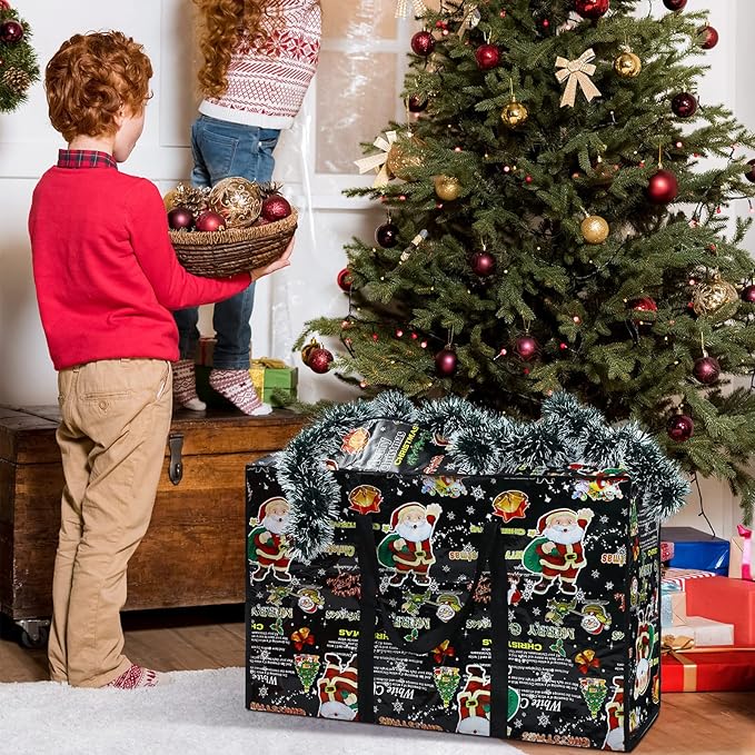 2 Pcs Christmas Ornament Storage Bags Christmas Tree Storage Bags 27 x 20 Inch Ornaments Bag with Zipper Xmas Heavy Duty Containers for Xmas Trees Baubles(Black,Santa Claus Style)