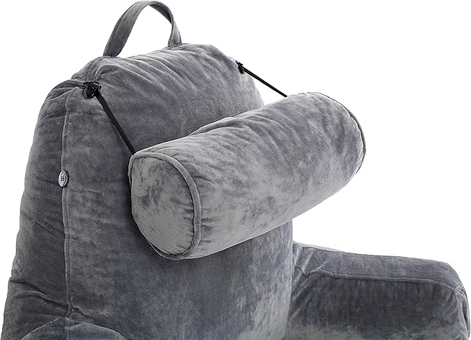 Husband Pillow Medium Reading Pillow with Arms - 23" Backrest for Sitting Up in Bed - Firm Support Bed Rest Pillow for Adults, Neck Roll, Removable Cover - TV, Reading, Lounging - Dark Grey