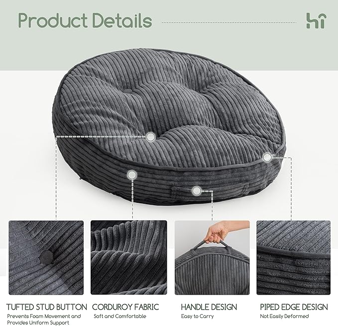HIGOGOGO Floor Pillow Cushion for Adults, Meditation Cushion Pillow, Large Round Floor Sitting, Removable Tufted Corduroy Cover, for Tatami Living Room or Yoga, 22x22 Inch, Dark Grey