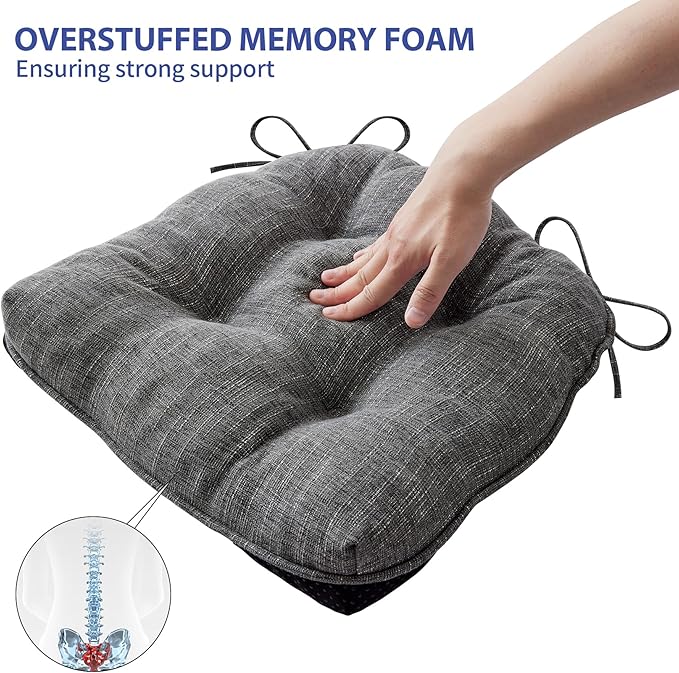 IPYNBAP Chair Cushions for Dining Chairs Set of 2, Kitchen Chair Cushions, Chair Pads with Ties and Non Slip Backing, Tufted Memory Foam Seat Cushion 2 Pack, 15.5" x 15.5" x 4", Dark Gray