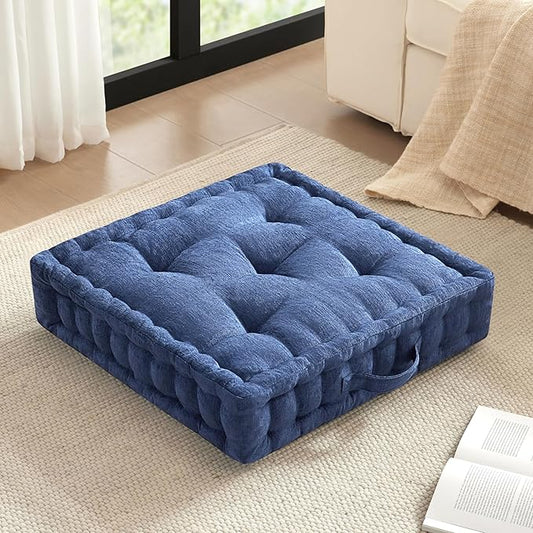 Intelligent Design Large Floor Pillow for Adults Yoga or Meditation Cushion with Handle, Floor Cushion for Board Games, Lustrous Chenille Tufted, Handsewn Scalloped Edge, Azza, 24" x 24" x 5" Navy