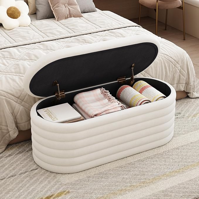 Storage Ottoman Bench 40 inch Upholstered Chenille Fabric Storage Bench for Bedroom End of Bed Stool Aesthetic Large Storag Ottoman for Living Room Entryway,White
