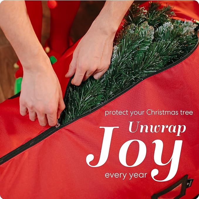 Handy Laundry Christmas Tree Storage Bag with Wheels – Fits 7.5 ft Artificial Tree, Heavy Duty Holiday Storage Container, Zippered, Reinforced Handles, Exterior Pockets, Red