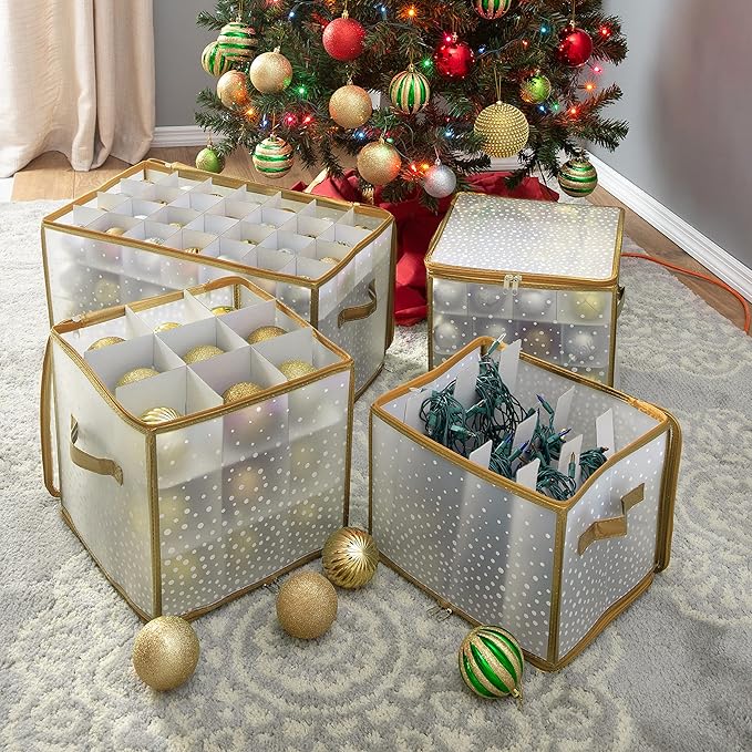 Simplify 64 Count Ornament Storage Box | Plastic | Decorative Organizer | Storage Bin | Gold | L12 x W12 x H12 (Pack of 2)