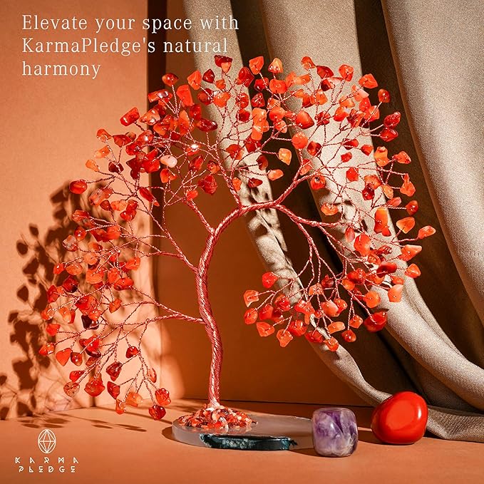 Crystal Tree of Life for Home, Office, Room, Wall Decor to Bring Money & Good Luck, Handmade Carnelian Reiki Healing Chakra Tree, Unqiue Birthday Gifts for Women, Men, Mom & Dad