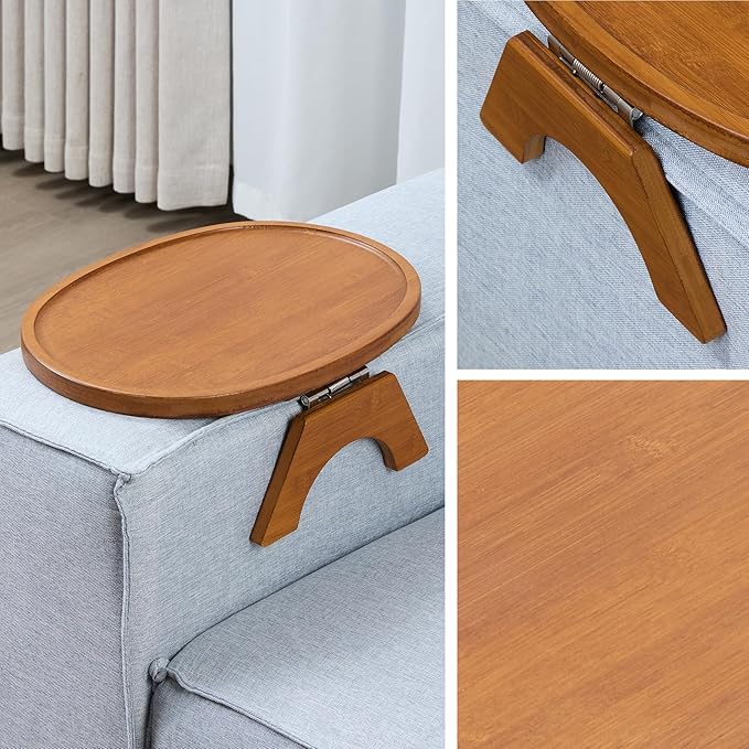 DETOR Clip-On Couch Armrest Table, 13.4" x 10" Oval Shape, Caramel Bamboo Finish, Stainless Steel Hinges, Odor-Free Non-Slip Pads, Fits 6"–10" Armrests