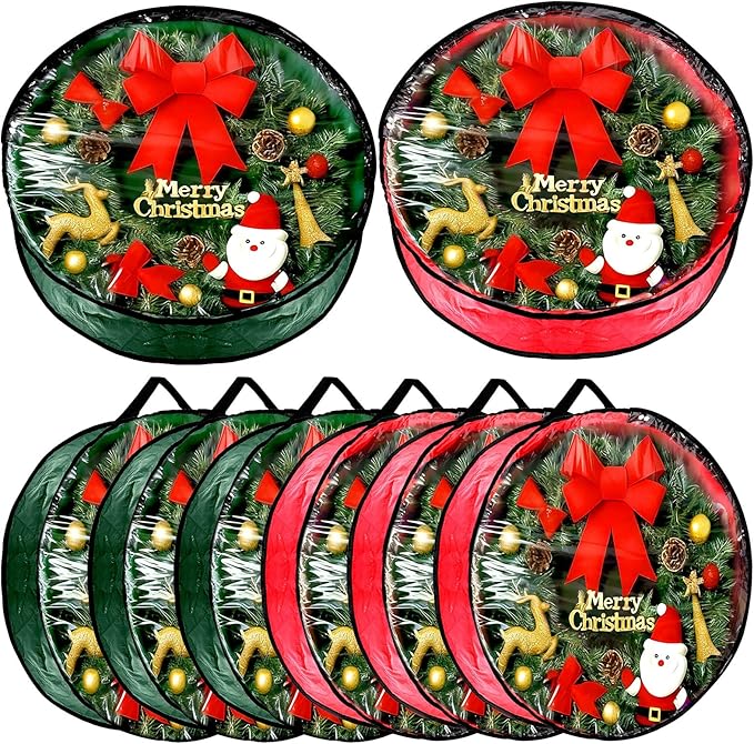 Dunzy 8 Pieces Wreath Container Christmas Wreath Storage Bag Garland Tear Resistant Fabric Round Boxes with Clear Window for Storage for Xmas Holiday Ornament(30×30×7.8 Inch,Red, Green)