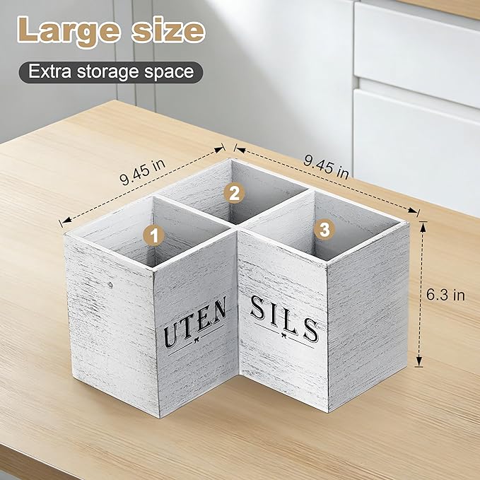 Extra Large Kitchen Utensil Holder for Countertop, Three Compartment Wooden Utensil Holder Farmhouse Decor Perfect for Storing Spatulas and Cooking Tools