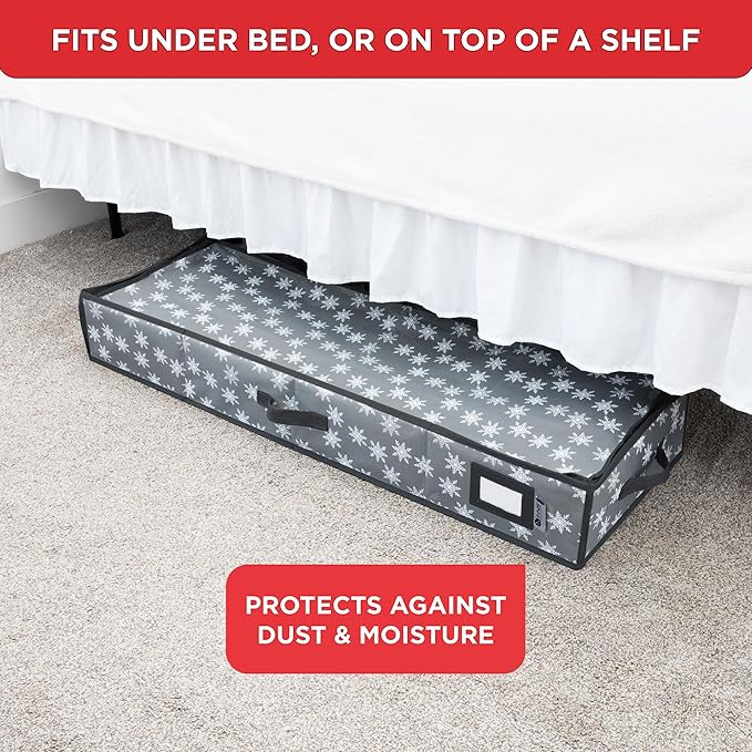 HOLDN’ STORAGE Premium Wrapping Paper Storage Container - Durable 600D Tear-Proof, Fits 27 Rolls Gift Wrap, Extra Pockets for Ribbons & Bows, Underbed Storage - Ideal for Holiday Christmas, Grey/White Snowflakes