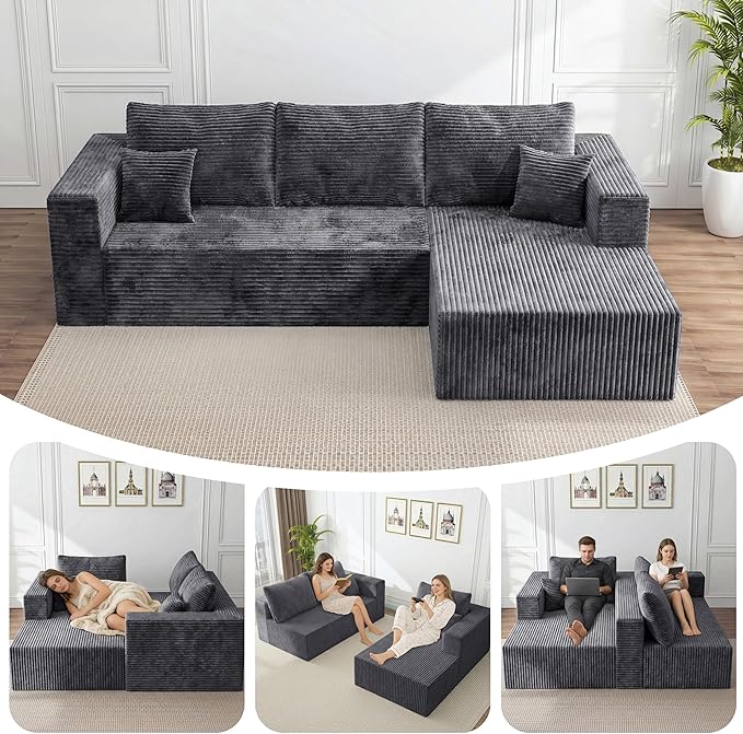 Boneless Couches for Living Room, Couch with Deep Seat Oversized Right Facing Chaise, Memory Foam Compressed Spineless 3 Seater Sofa for Apartment (Drak Gray, 92.5" L-Shape with Right Facing Chiase) | Boneless Compressed, Sofa in a Box, Cloud Couch, De...