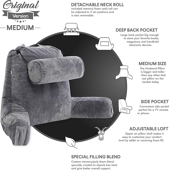 Husband Pillow Medium Reading Pillow with Arms - 23" Backrest for Sitting Up in Bed - Firm Support Bed Rest Pillow for Adults, Neck Roll, Removable Cover - TV, Reading, Lounging - Dark Grey