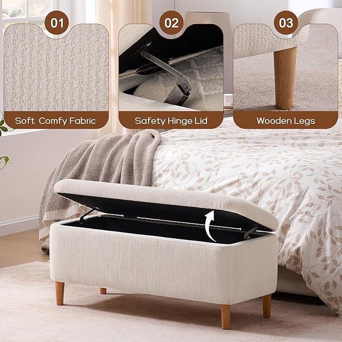 39.4”Ottoman with Storage,Upholstered Comfy Storage Bench Ottoman with Wooden Legs,End of Bed Bench Footstool for Hallway Entryway Bedroom Living Room Beige