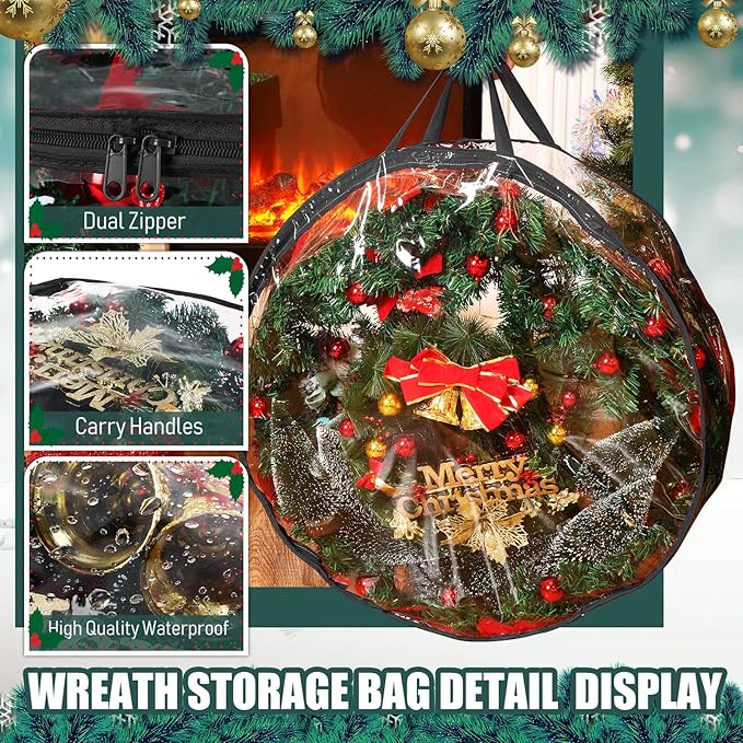 Shappy 6 Pieces Christmas Wreath Storage Container 30 Inch Wreath Plastic Storage Bags with Dual Zippers and Handles for Xmas Thanksgiving Holiday Artificial (Clear,Black)