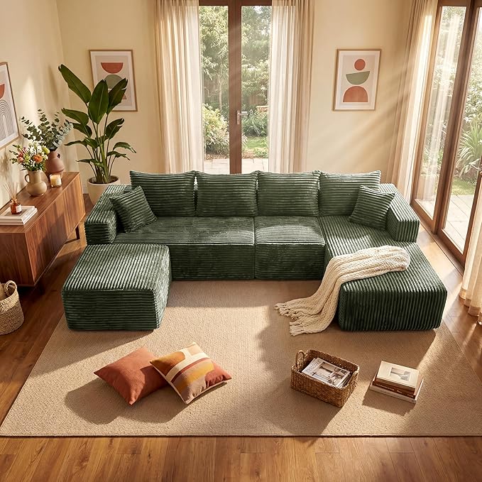 Boneless Couches Sectional Sofa, Compressed Sofa in a Box, U-Shaped Cloud Couch with Deep Seats & Chaise for Living Room, No Assembly Required (Green, 118" U-Shape with Right Facing Chiase) | Boneless Compressed, Sofa in a Box, Cloud Couch, Deep Seats,...