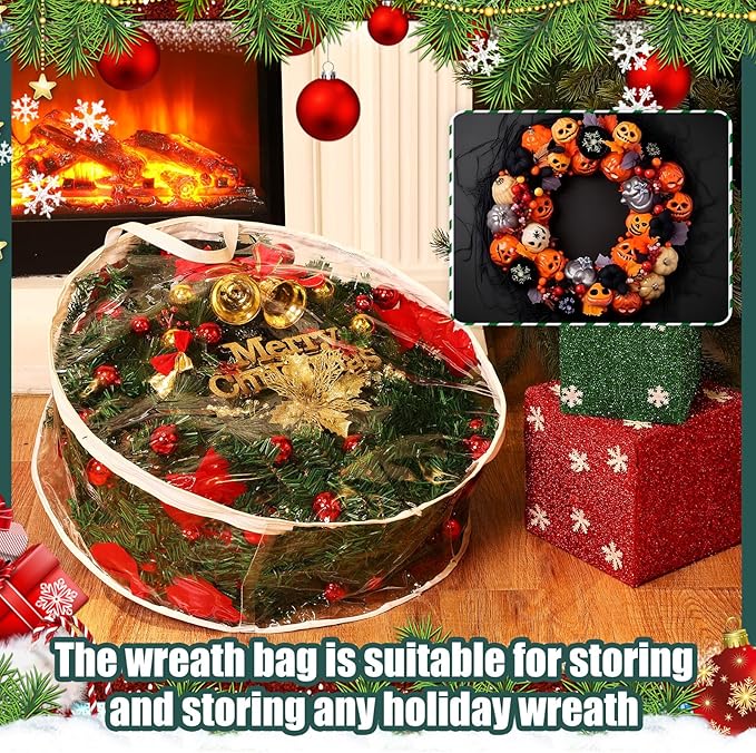 Zhengmy 2 Pcs Christmas Wreath Storage Bags Transparent Wreath Storage Container Wreaths Box with Dual Zippers and Handles for Xmas Holiday Wreaths Garland (24 Inch, 36 Inch)