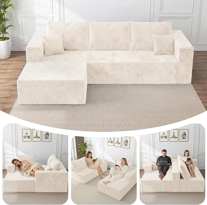 92.5" Sectional Sofa, Boneless Compressed Sofa in a Box, L-Shaped Cloud Couch with Deep Seats & Chaise for Living Room, No Assembly Required (Beige, 92.5" L-Shape with Left Facing Chiase) | Boneless Compressed, Sofa in a Box, Cloud Couch, Deep Seats, N...