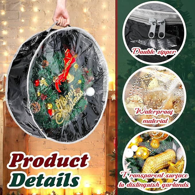Dunzy 8 Pieces Wreath Container Christmas Wreath Storage Bag Garland Tear Resistant Fabric Round Boxes with Clear Window for Storage for Xmas Holiday Ornament(30×30×7.8 Inch,Black)