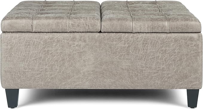 SIMPLIHOME Harrison Coffee Table Storage Ottoman - 36 inch Wide Upholstered Vegan Leather Square Lift-Top Ottoman in Distressed Grey Taupe, Transitional Ottoman for Living Room with Storage