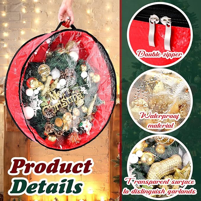 Dunzy 8 Pieces Christmas Wreath Container 24×24×7.8 Inch Wreath Storage Bag Garland Tear Resistant Fabric Round Boxes with Clear Window for Storage Xmas Holiday Ornament(Red, Green)