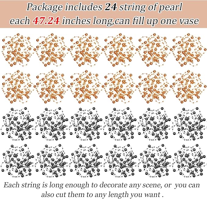 Tondiamo 24 Pcs Artificial Pearl String for Floating Candle Faux Pearls Beads String Garland Centerpiece Decoration for Vases Filler Wedding Spring Holiday Party Decor(Black, Dark Gold)