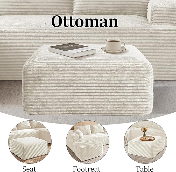 Corduroy Ottoman, Modern Boneless Cloud Foot Rest Foam Support, Oversized Modular Sectional Sofa Stool for Living Room, Bedroom & Small Spaces, No Assembly Required(Beige, Ottoman) | Foam Support, Living Room Bedroom, No Assembly Required